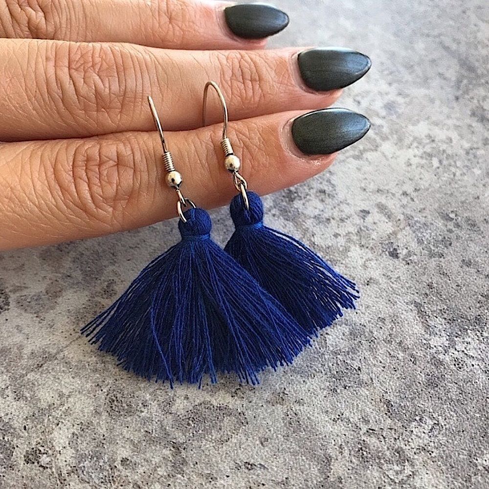 Navy Blue Tassel Earrings Silver Boho Festival Handmade USA NEW